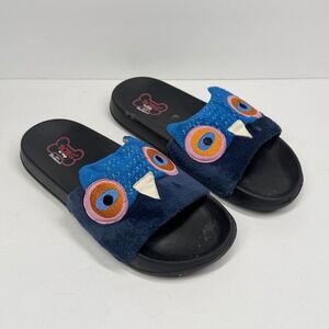 Skechers BOBS Slides Owl Graphic Blue Fabric Faux Fur Comfort Casual Size 9